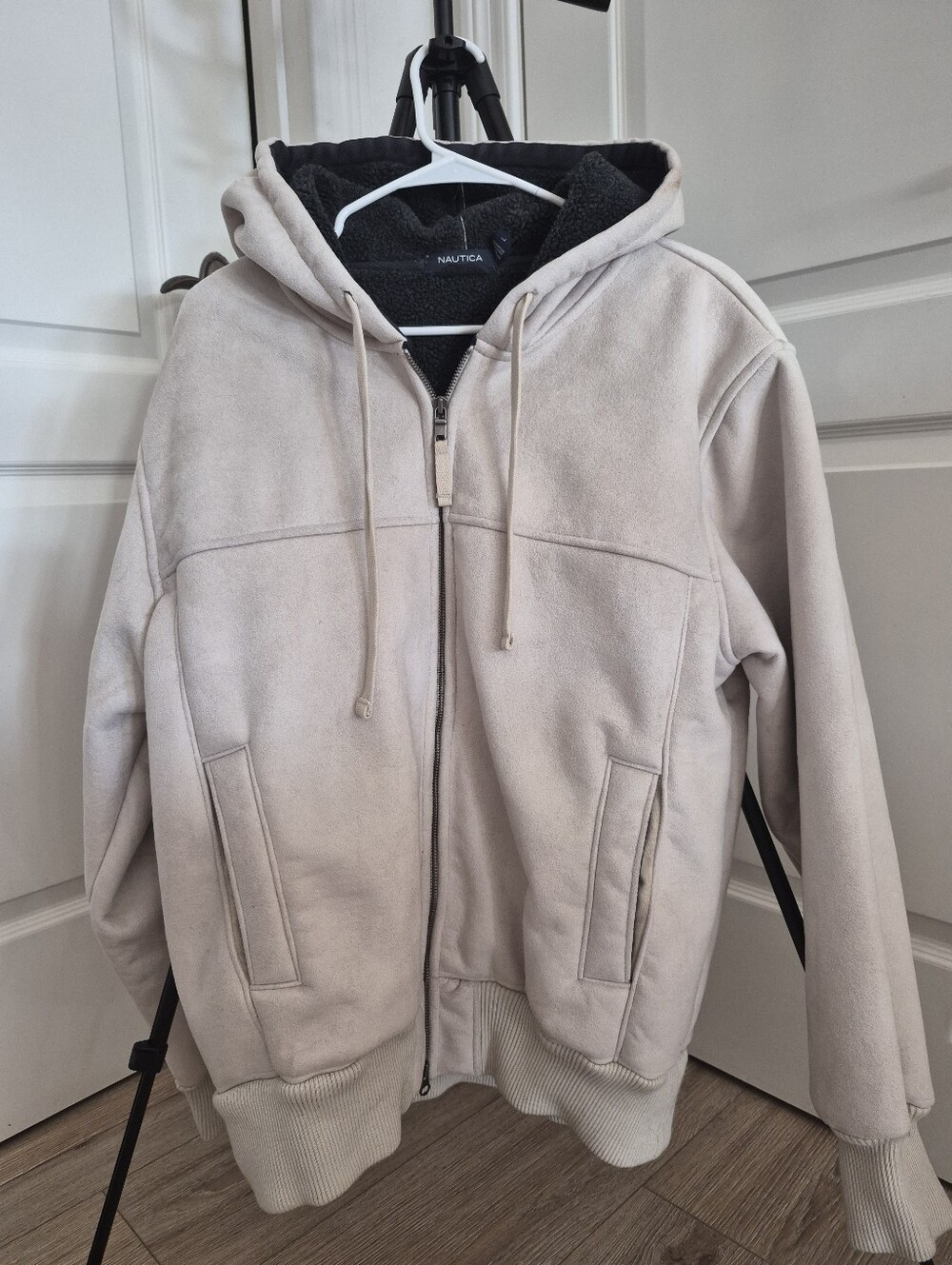 Nautica Beige Hooded Zip Jacket with Dark Heather Sherpa Lining